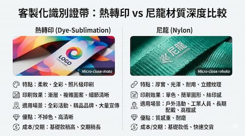 客製化證別證帶：熱轉印 vs 尼龍材質深度比較圖